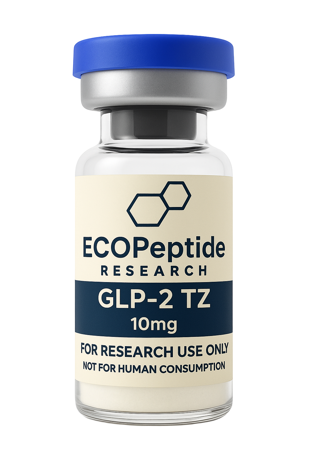 Vial labeled 'ECOPeptide Research' with GLP-2 TZ on a white background
