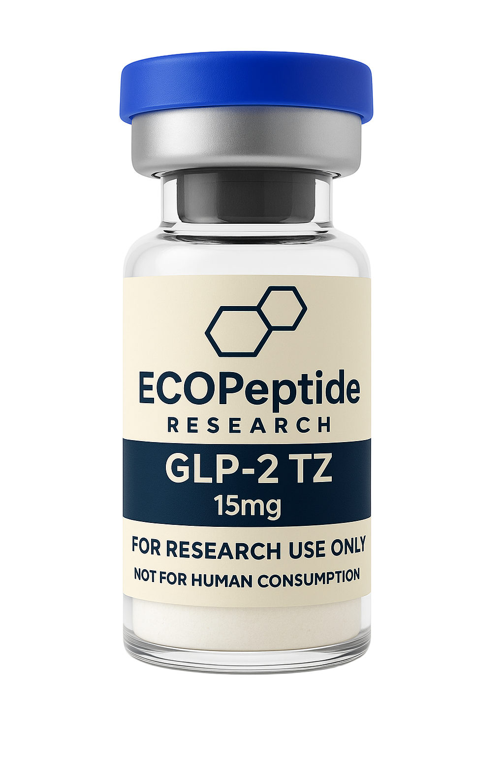 Vial labeled 'ECopeptide Research GLP-2 TZ 15mg' with blue cap on a white background