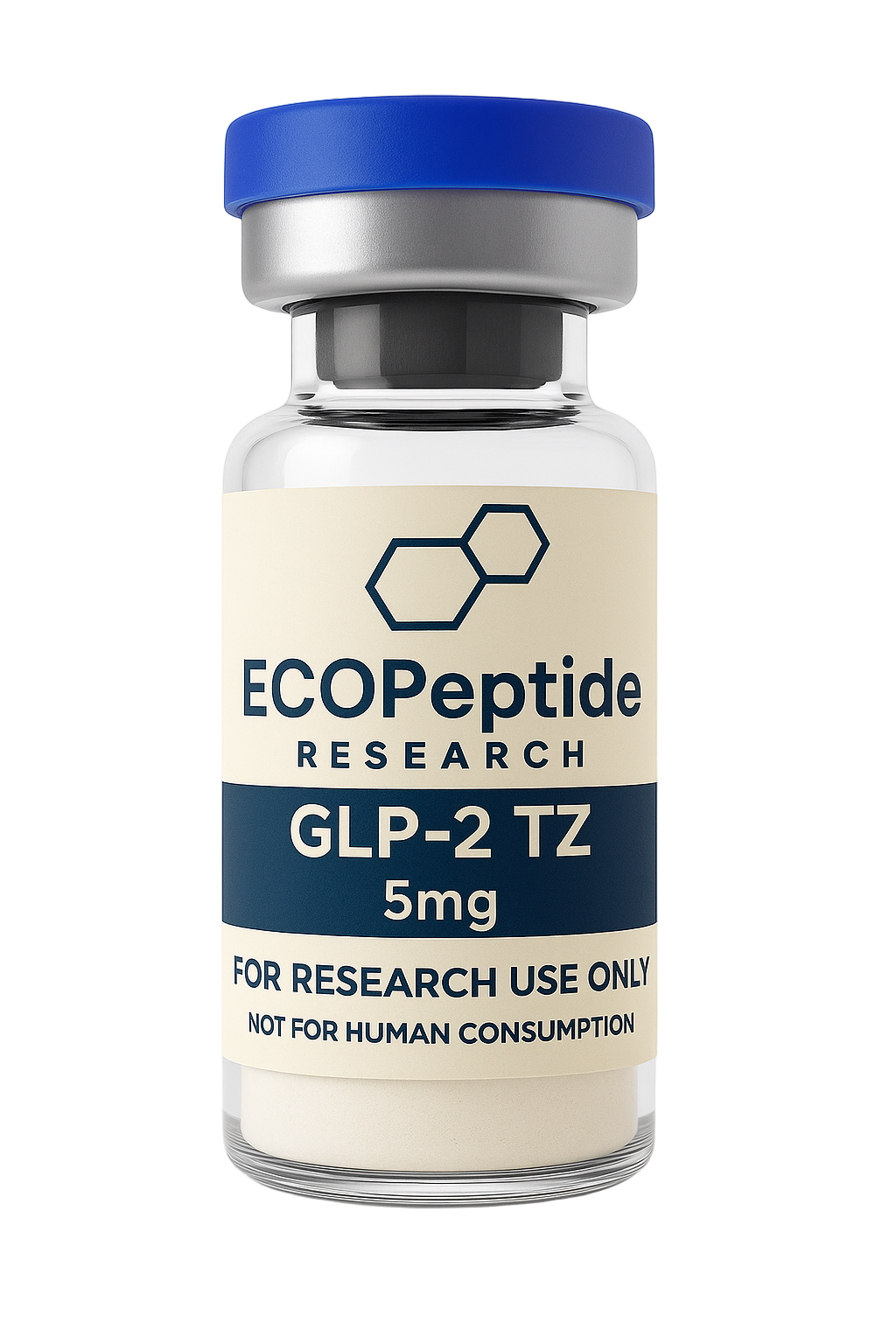 Vial labeled 'ECOPeptide Research GLP-2 TZ 5mg' with blue cap on a white background