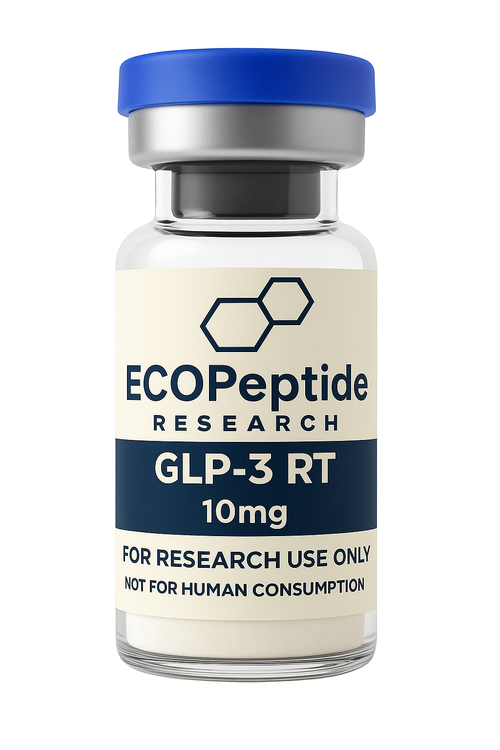 Vial labeled 'ECOPeptide Research' with GLP-3 RT on a transparent background