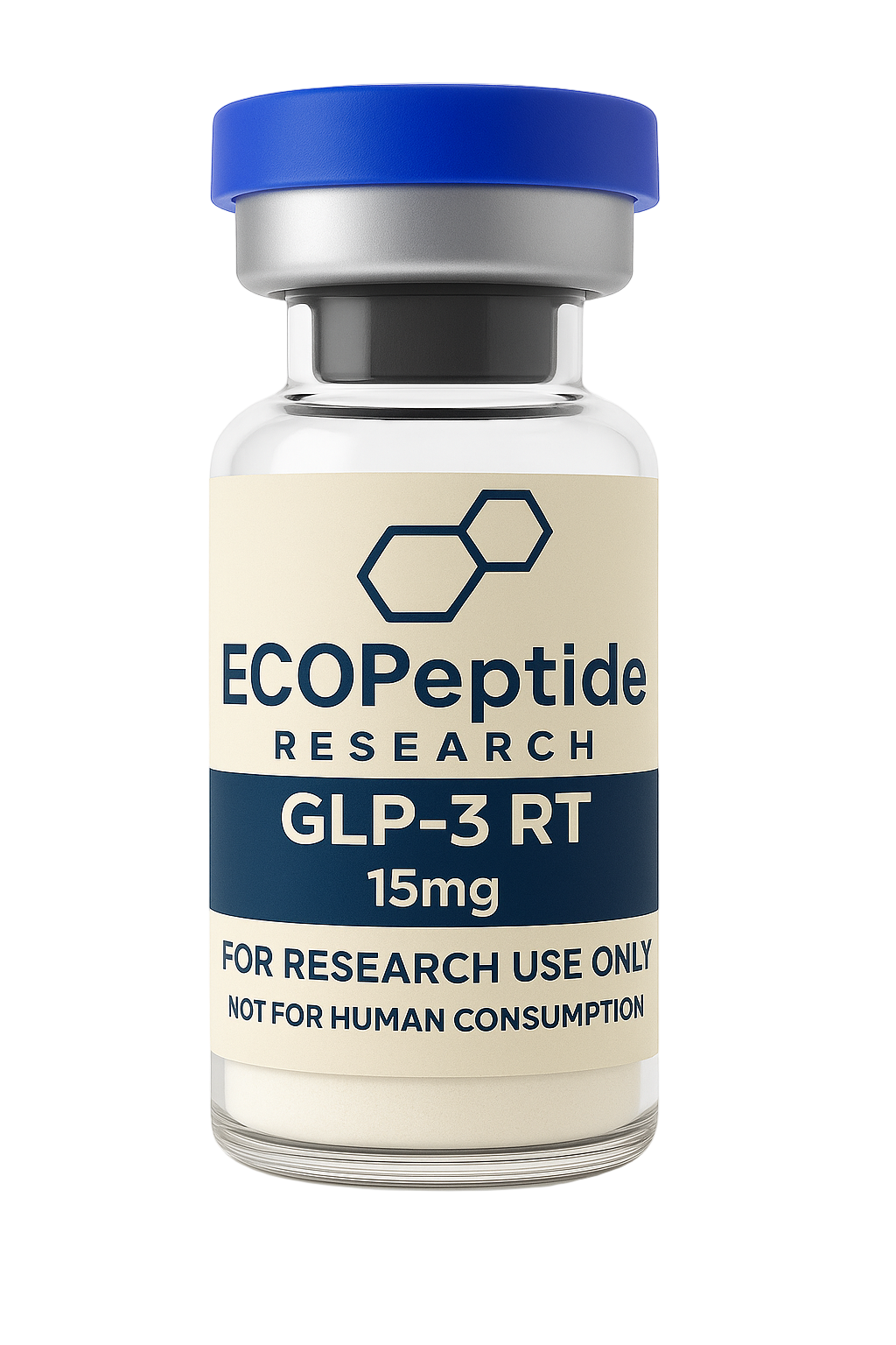 Vial labeled 'ECOPeptide Research' with GLP-3 RT on a transparent background