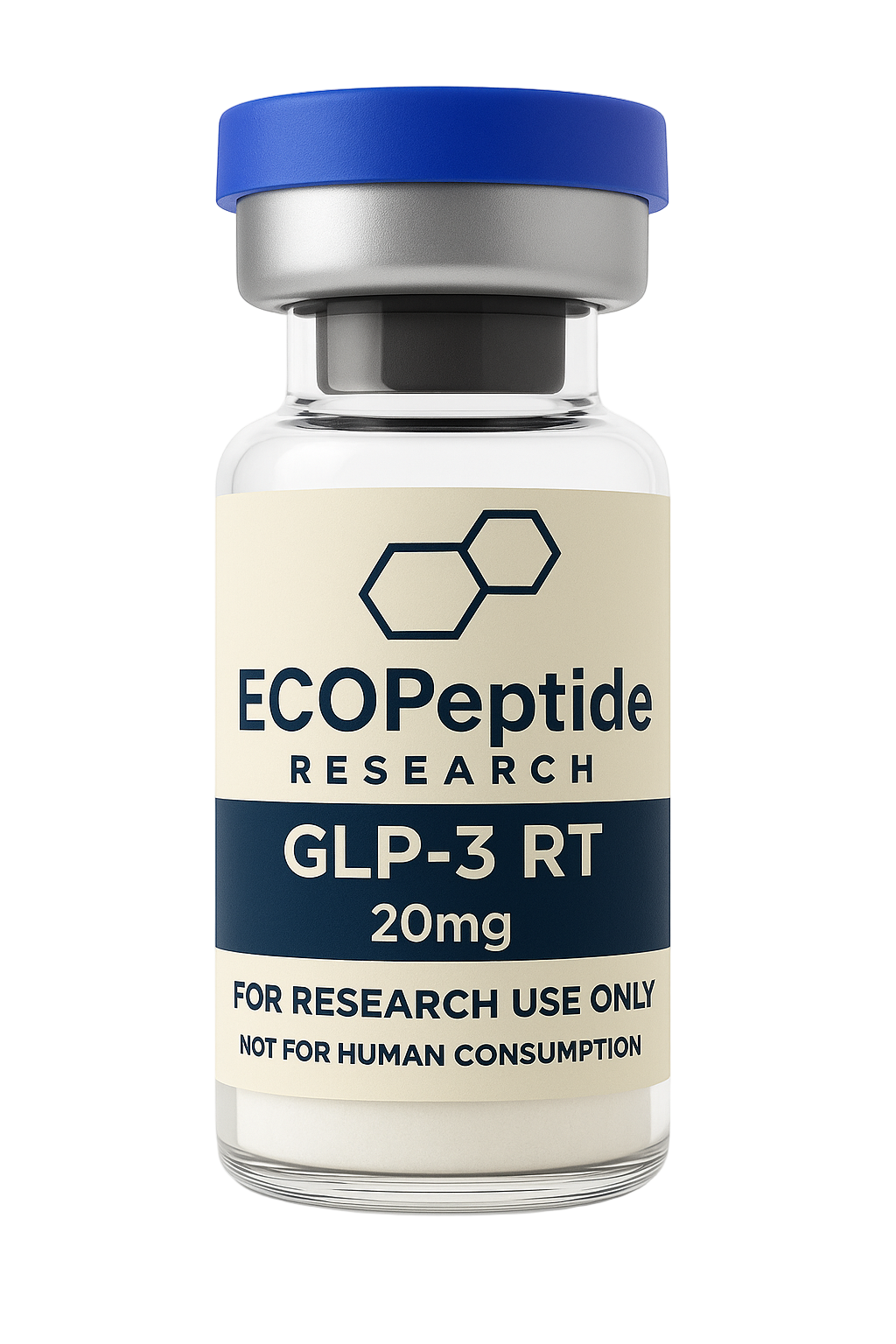 Vial labeled 'ECOPeptide Research' with GLP-3 RT on a transparent background