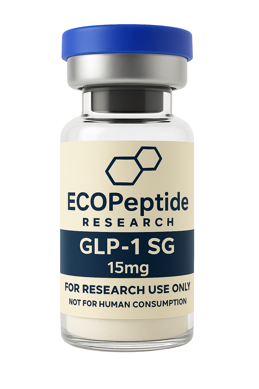 Vial labeled 'ECOPeptide Research GLP-1 SG 15mg' on a white background