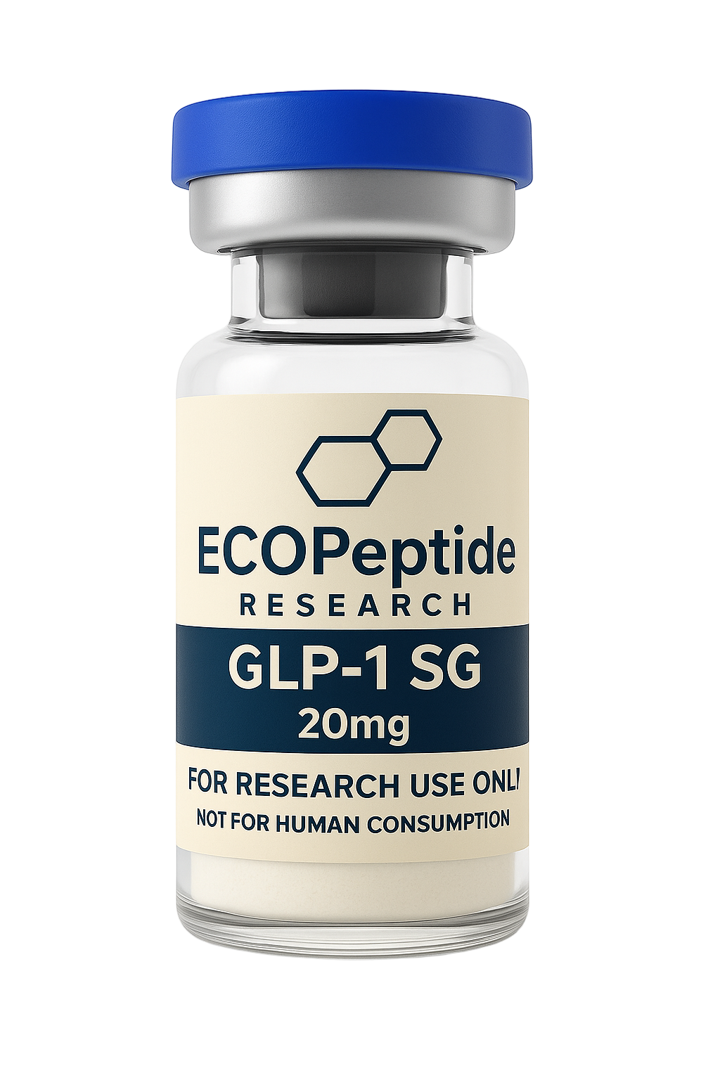 Vial labeled 'ECopeptide Research GLP-1 SG 20mg' with blue cap on a white background