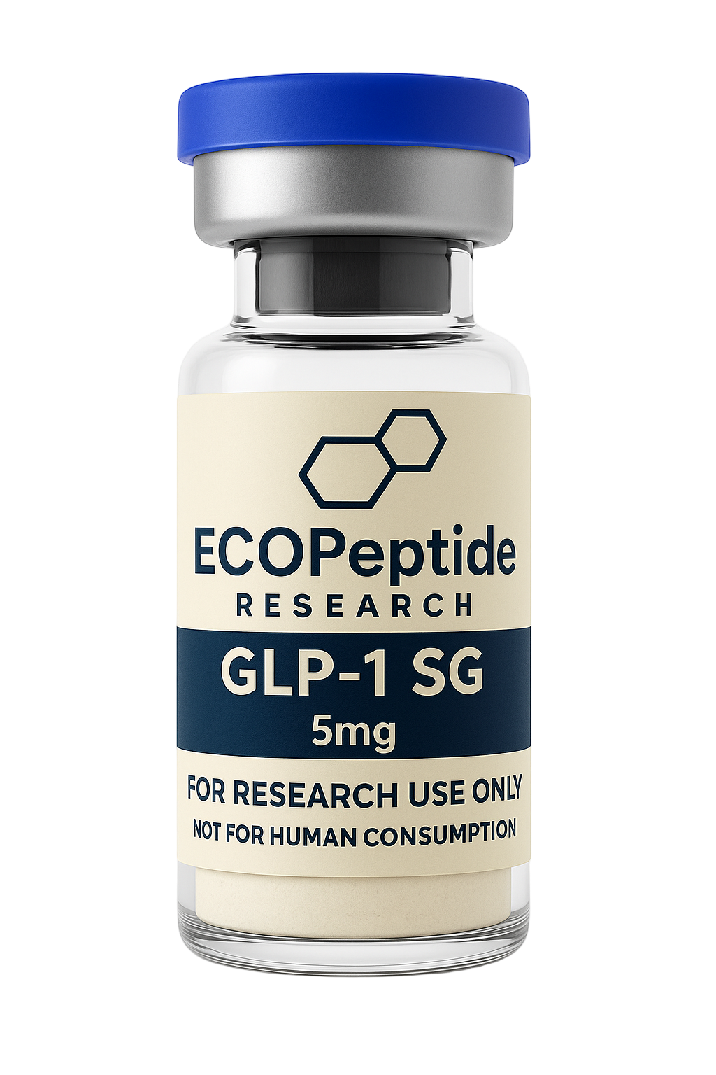 Vial labeled 'ECopeptide Research GLP-1 SG 5mg' with blue cap on a white background