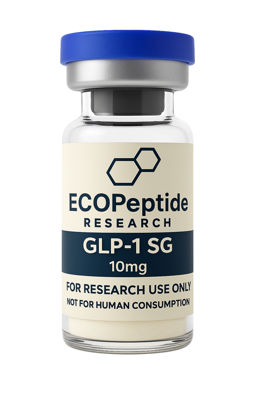 Vial labeled 'ECOPeptide Research GLP-1 SG 10mg' with blue cap on white background