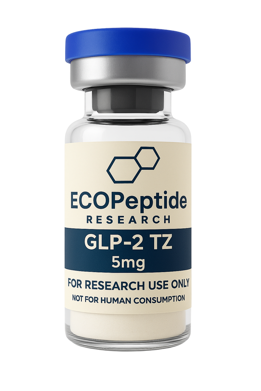 Vial labeled 'ECOPeptide Research GLP-2 TZ 5mg' with blue cap on a white background