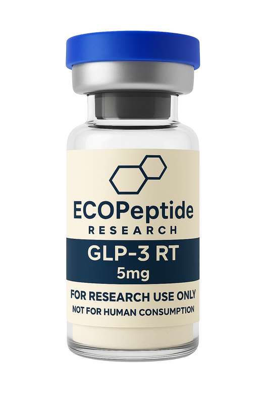 Vial labeled 'ECOPeptide Research' with GLP-3 RT on a transparent background